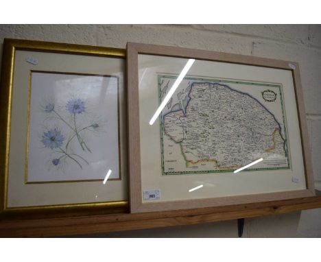 AFTER ROBERT MORDEN, REPRODUCTION COLOURED MAP OF NORFOLK PLUS A GILT FRAMED FLORAL PRINT (2)