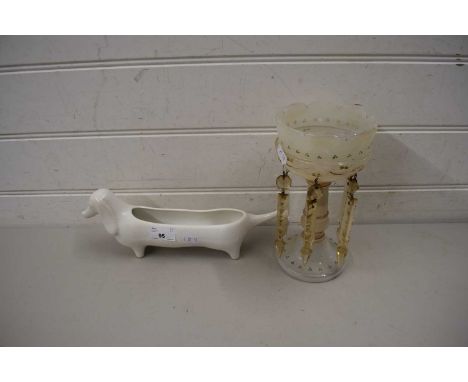 OPAQUE GLASS LUSTRE VASE AND A SMALL PLANTER FORMED AS A DACHSHUND