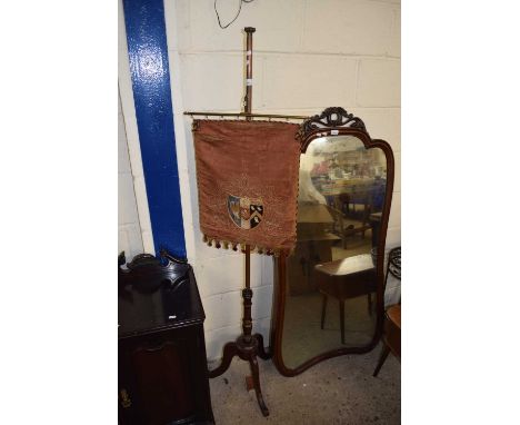HARDWOOD AND BRASS MOUNTED POLE SCREEN WITH FABRIC PANEL MARKED 'CORPUS CHRISTI COLLEGE, OXFORD', 170CM HIGH