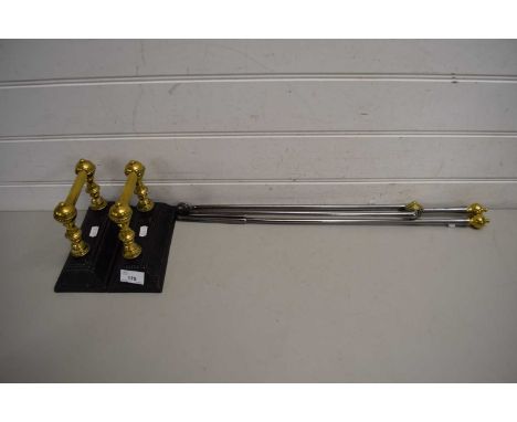 BRASS AND IRON FIRE TOOLS AND FIRE DOGS