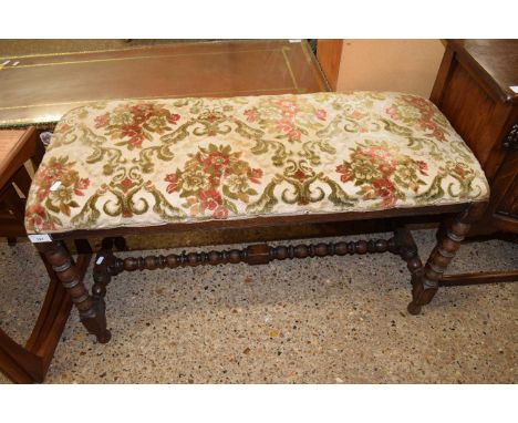 EARLY 20TH CENTURY LARGE RECTANGULAR STOOL ON OAK BOBBIN TURNED FRAME, 90CM WIDE