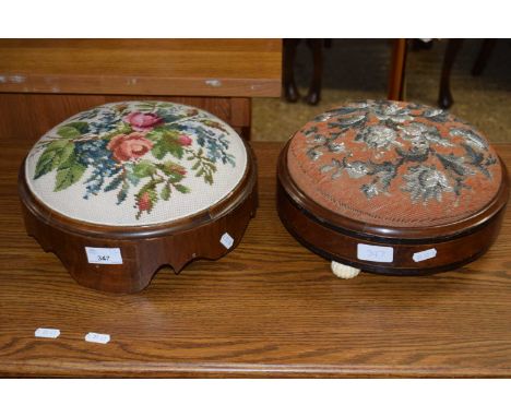 TWO SMALL VICTORIAN CIRCULAR FOOT STOOLS, ONE WITH BEADWORK DETAIL, THE OTHER WITH FLORAL TAPESTRY