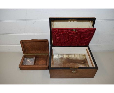 HARDWOOD CIGARETTE BOX AND A LATE 19TH CENTURY SEWING BOX WITH MOTHER OF PEARL INLAID DETAIL
