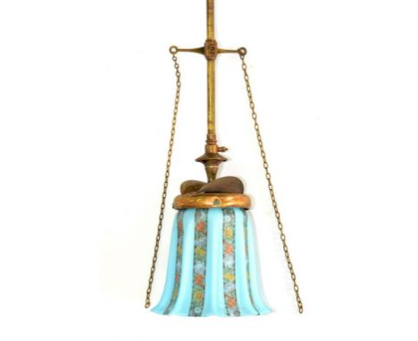 A LATE VICTORIAN LACQUERED BRASS GAS LAMP PENDANT WITH EARLY 20TH C FLORAL GLASS LAMPSHADE, 152CM H