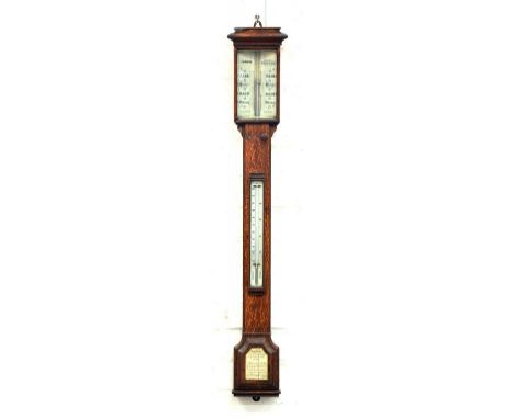 A VICTORIAN OAK STICK OR CISTERN BAROMETER WITH IVORY REGISTERS INSCRIBED T.B. WINTER, GREY STREET, NEWCASTLE UPON TYNE, 9AM 