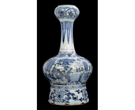 A FRANKFURT FAIENCE GALIC NECKED CHINOISERIE VASE PAINTED WITH PANELS OF FIGURES AND LANDSCAPES, 39CM H, 18TH C FORMERLY ADAP