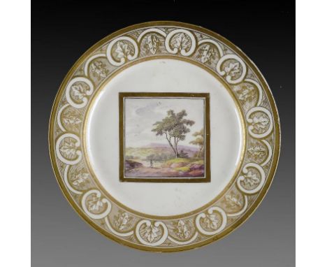 AN INTERESTING FRENCH PORCELAIN PLATE,  ENGLISH DECORATED POSSIBLY AT MANSFIELD,  C1800  painted with a black and gilt framed
