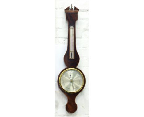 A VICTORIAN MAHOGANY AND LINE INLAID BAROMETER, THE SILVERED DIAL INSCRIBED L & D SOLTHA HULL, WITH ALCOHOL THERMOMETER, 96CM