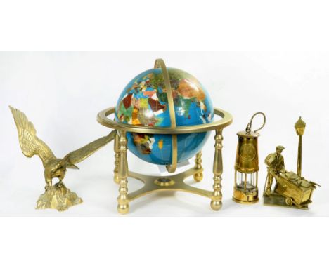 A MINERAL GLOBE ON OXIDISED METAL STAND, 45CM H, LATE 20TH CENTURY, A BRASS MINER'S LAMP AND TWO BRASS ORNAMENTS
