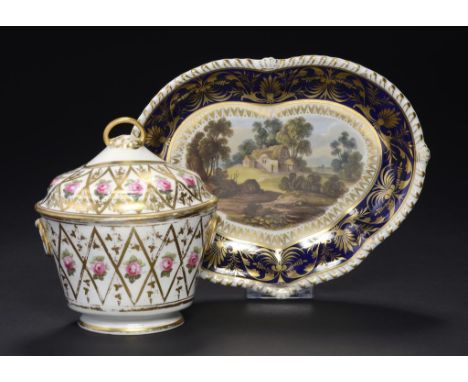 A DERBY OVAL SUCRIER AND COVER, C1805  painted with single roses, 15.5cm h, puce painted mark and 624 and a Derby dessert dis