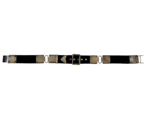 A VICTORIAN SILVER MOUNTED BLACK VELVET LADY'S BELT, WITH BUCKLE, THE MOUNT, ENGINE TURNED AND ENGRAVED WITH A MONOGRAM, LOND