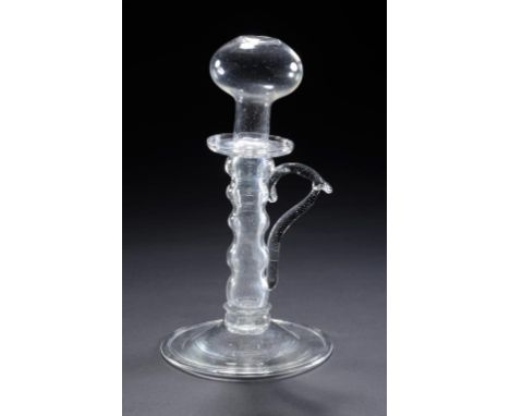A GLASS OIL LAMP,  LATE 18TH C   soda metal with five knopped stem, folded foot, 25cm h ++In fine condition