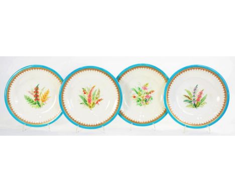 A SET OF FOUR ROYAL WORCESTER TURQUOISE BORDERED DESSERT PLATES, PAINTED WITH HEATHERS, 23CM DIAM, IMPRESSED MARK, C1870