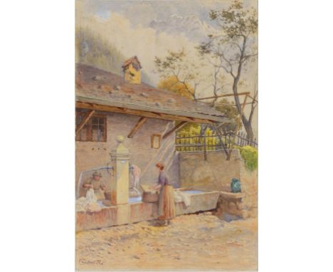 H. CHAREX - WASHING DAY, SIGNED, WATERCOLOUR, 29CM X 19.5CM AND AN EARLY 20TH CENTURY MEZZOTINT OF MRS HOME-DRUMMOND AFTER RA