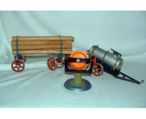 WILESCO acessories - D45 Wagon with Log Load, M63 Cement Mixer and 385 Steam and Traction Engine Water Cart - all Near Mint.