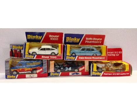 DINKY Toys, 5 x Cars: 226 Ferrari 312 B2 Racing Car; 124 Rolls Royce Phantom V; 201 Plymouth Stock Car; 390 Freeway Cruiser; 