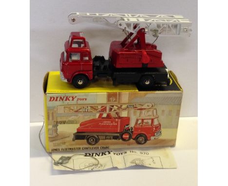 DINKY Toys 970 Jones Fleetmaster Cantilever Crane with metallic red cab, white interior and jib, chrome domed hubs. VG with l