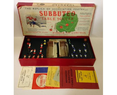 SUBBUTEO Table Soccer: early edition featuring 21 x flat celluloid players with plastic bases (one missing), 2 x goal post, 2