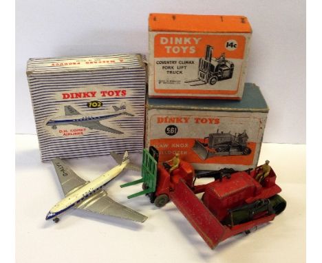 3 x DINKY Toy - 14C Coventry Climax Fork Lift Truck (Excellent wth Packing piece in a Good Plus Orange and White labelled Ora