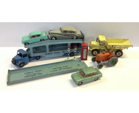 DINKY Toys x 9 and 2 x Traffic Signs - 982 Bedford Car Transporter and 794 Loading Ramp (Good), 965 Euclid Dump Truck, 128 Ha