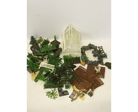 Selection of BRITAINS Floral Garden Items, c.1960's, includes Greenhouse, Pond, Garden Roller, Lawnmower, Beds, Fencing, Trel