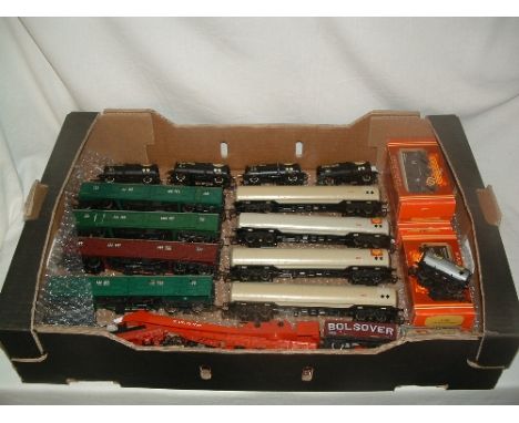 A tray containing 20 Goods Wagons and a Breakdown Crane - 4 x TRIANG BR(S)/SR Utility Vans (all rewheeled Good), 4 x HORNBY S