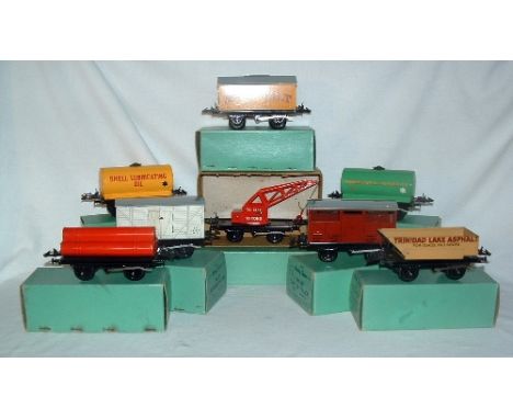 HORNBY 0 Gauge 8 x No 50 Goods Wagons - No 50 Crane Truck, Yellow Shell Tanker, Green Manchester Oil Refinery Tanker, White R