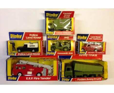 DINKY Toys, 3 x Emergency Vehicles, c.1980's: 266 ERF Fire Tender; 282 Land Rover Fire Appliance; 277 Police Land Rover. Appe