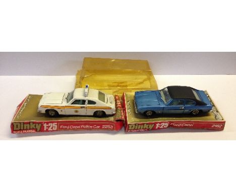 Dinky Toys, 1/25 Scale: 2162 Ford Capri (some age-wear but otherwise E in P bubble-pack); 2253 Ford Capri Police Car (F on ca