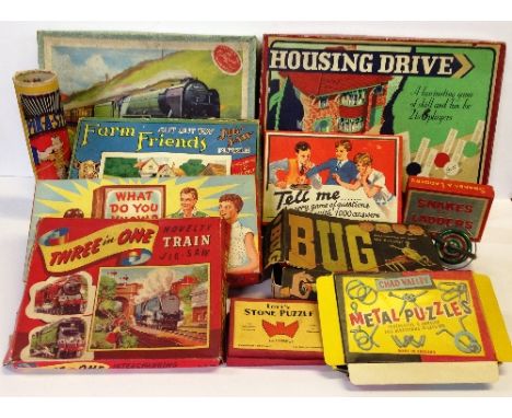 Mid 20th Century Games and Puzzles, selection includes: Pepys Housing Drive; Cotswood Locomotive Jigsaw; Spear's Games Tell M