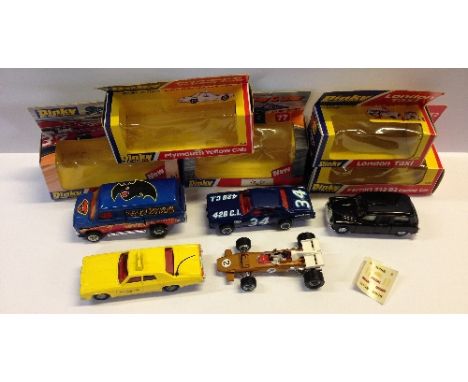 DINKY Toys, 5 x Cars, c.1970's: 284 London Taxi; 278 Plymouth Yellow Cab; 226 Ferrari 312/B2 Racing Car; 201 Plymouth Stock C