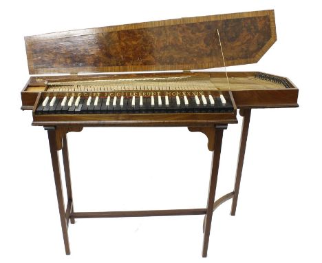 Fine English burr walnut and crossbanded polygonal unfretted clavichord by Thomas Goff and Joseph Cobby and inscribed in gold