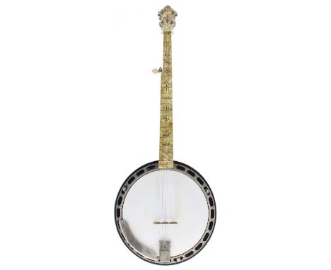 Gibson Kel Kroyden five string banjo, bearing the Gibson Kalamazoo label fixed to the inside back, with faux mother of pearl 