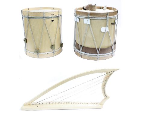 Two contemporary military type marching drums with 13.5" skins and travel cases; also a contemporary small harp in need of re
