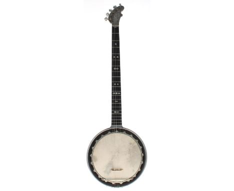 Rare five string zither banjo by and inscribed The Riley-Baker Perfected Patent, with foliate engraved metal resonator, geome