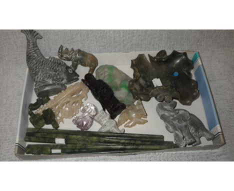 A 'JADE' SMALL PLAQUE, decorated with raised Oriental animals and birds and a collection of similar items