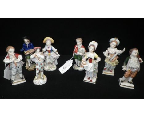 A SMALL COLLECTION OF 18TH CENTURY STYLE FIGURES of children playing musical instruments and others