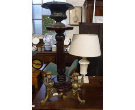 A PAIR OF BRASS FIRE DOGS, a table lamp and similar items