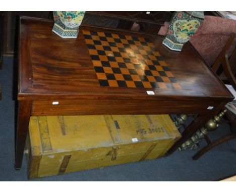 A GEORGE III STYLE GAMES TABLE, with lift-off double sided top, with green baize surface and chessboard when removed, reveali