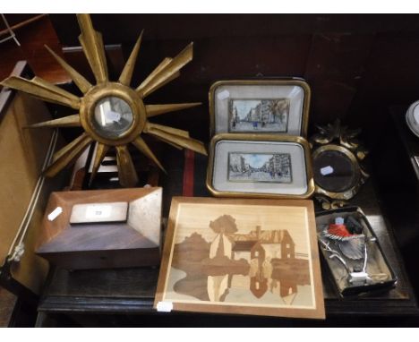 A SMALL SARCOPHAGUS SHAPED TEA CADDY, two giltwood mirrors and other sundries
