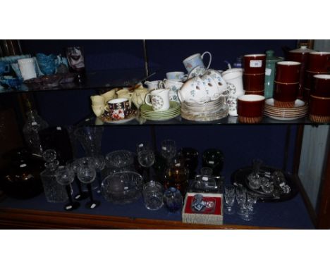 A LARGE QUANTITY OF COLOURED AND SIMILAR GLASSWARE, a 1960s Poole pottery coffee set and similar ceramics (two shelves)