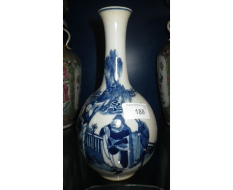 A CHINESE BLUE AND WHITE NARROW-NECK VASE decorated with figures in a landscape, with six character mark