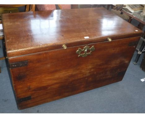 A LARGE GEORGE III MAHOGANY TRUNK with steel reinforcements and brass fittings, 49" wide
