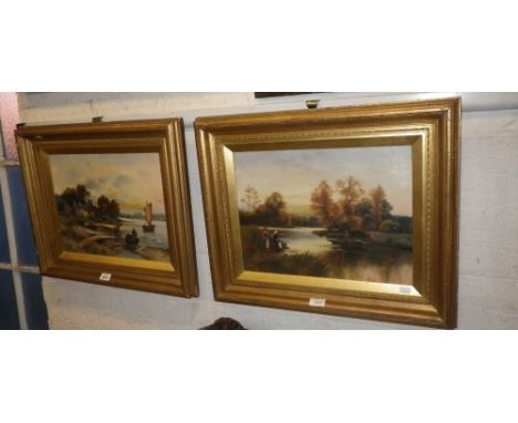 M FORSTER: An oil on canvas river scene with jetty, and another, both in gilt frames