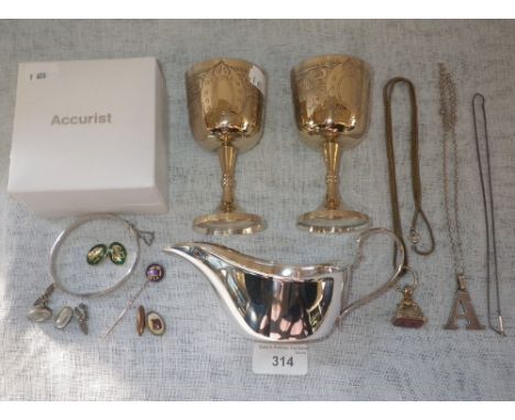 AN UNMARKED YELLOW METAL SEAL, an 18ct yellow gold and green enamel single cufflink, a collection of jewellery and silver pla