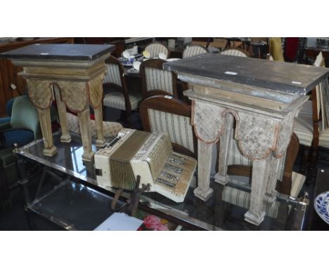 A PAIR OF SMALL PAINTED SIDE TABLES of architectural form, each, 19.5" wide 