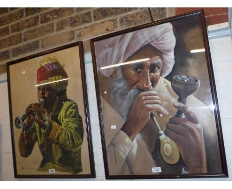 AN OIL ON TEXTILE PAINTING of a turbaned man smoking a pipe, together with another similar 