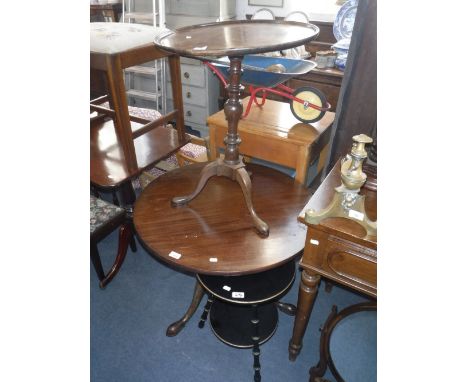 A MAHOGANY TRIPOD OCCASIONAL TABLE, another similar and an ebonised occasional table