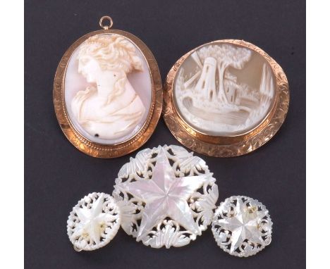 Two cameos and a mother of pearl brooch and earrings, the oval pale pink shell cameo in unmarked yellow metal mount, tests as