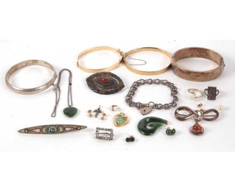 A quantity of mixed jewellery to include two silver bangles, two rolled gold bangles, a micro mosaic brooch, cultured pearl e